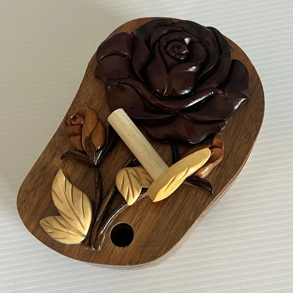 Handcrafted Wooden Floral Puzzle Box with Carved Rose and Red Velvet Lining